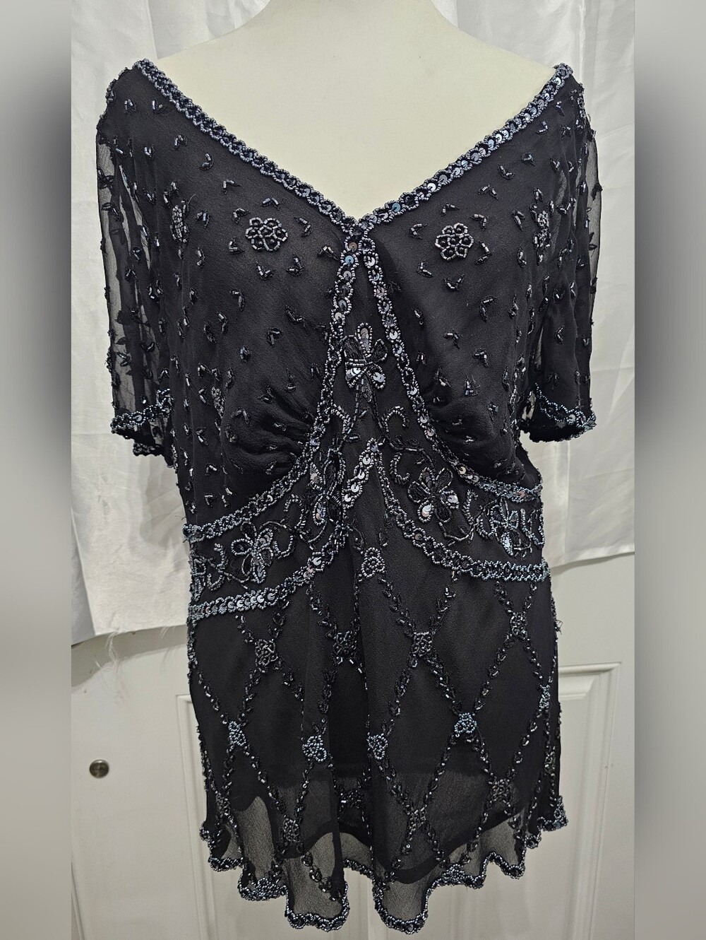 💜  Vintage Adrianna Papell Boutique Black Beaded Sheer Evening Top 1X